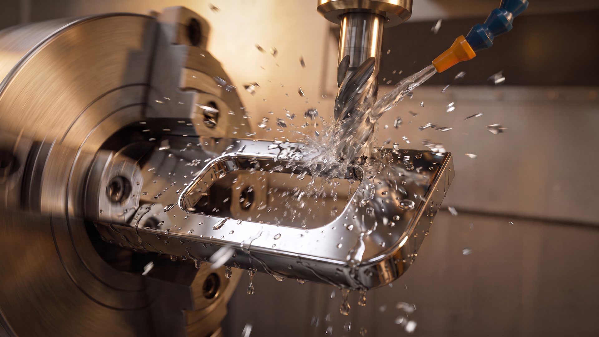 A Ritzi handle body being CNC-machined from solid brass, coolant spraying off the spinning lathe