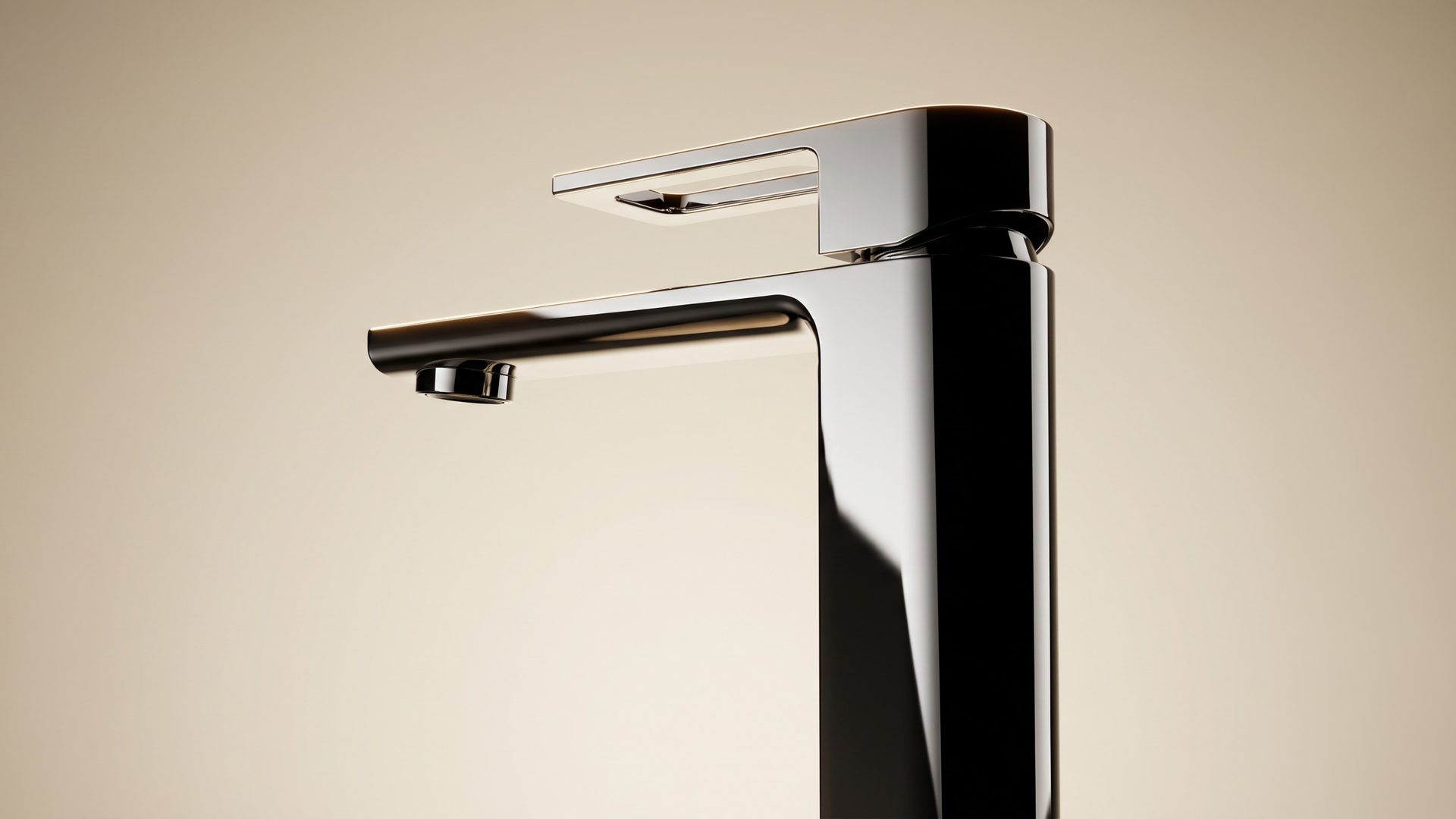 Lavish Series basin mixer in mirror chrome — the signature ring handle in profile on a warm beige backdrop