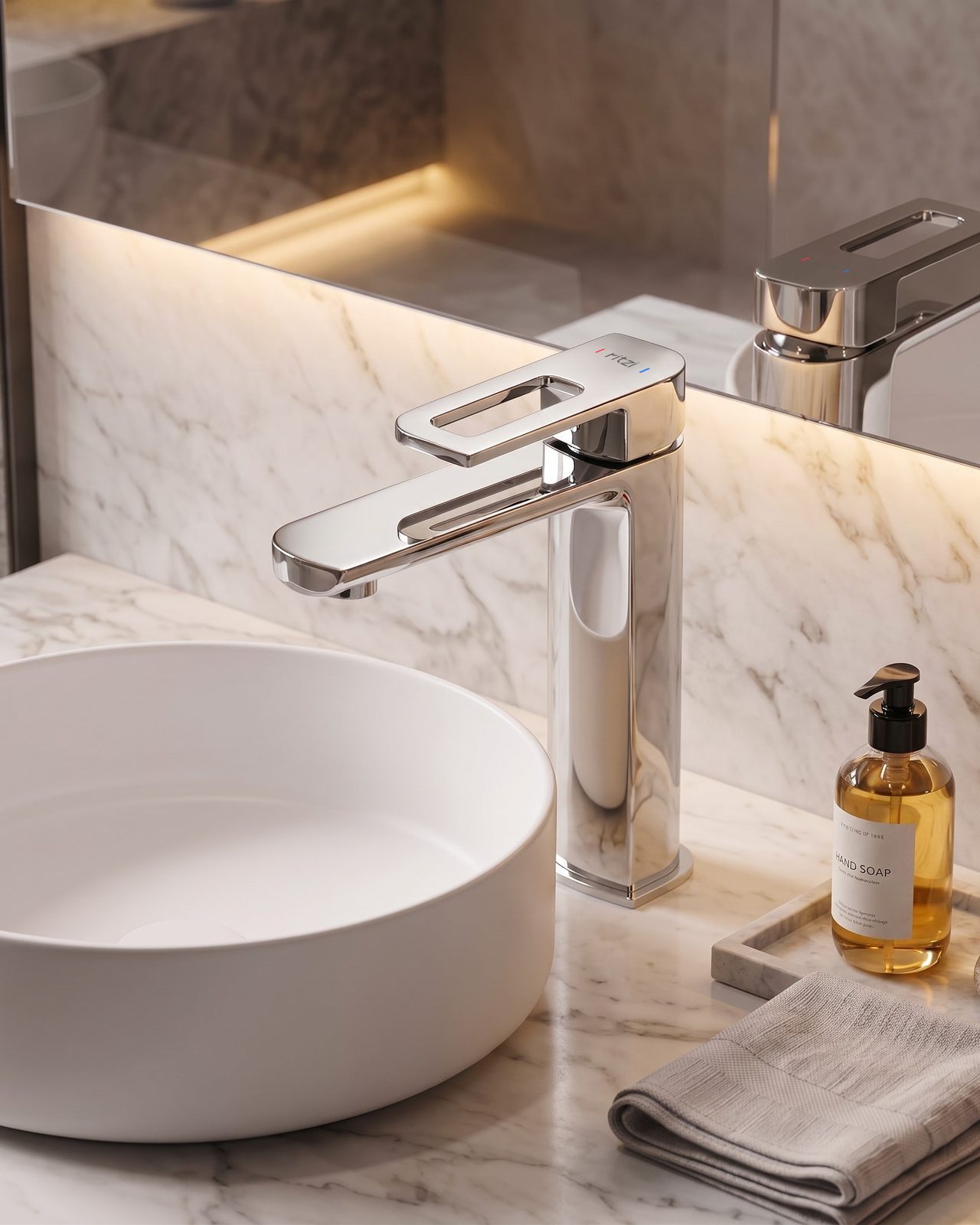 Lavish Single lever Medium basin mixer in a marble bathroom setting