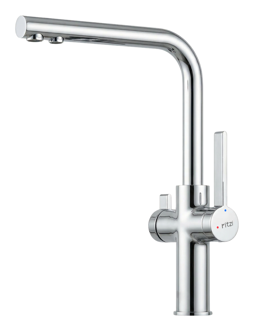 Kitchen Dual lever kitchen mixer with filter and square spout — 2 outlets — mirror chrome