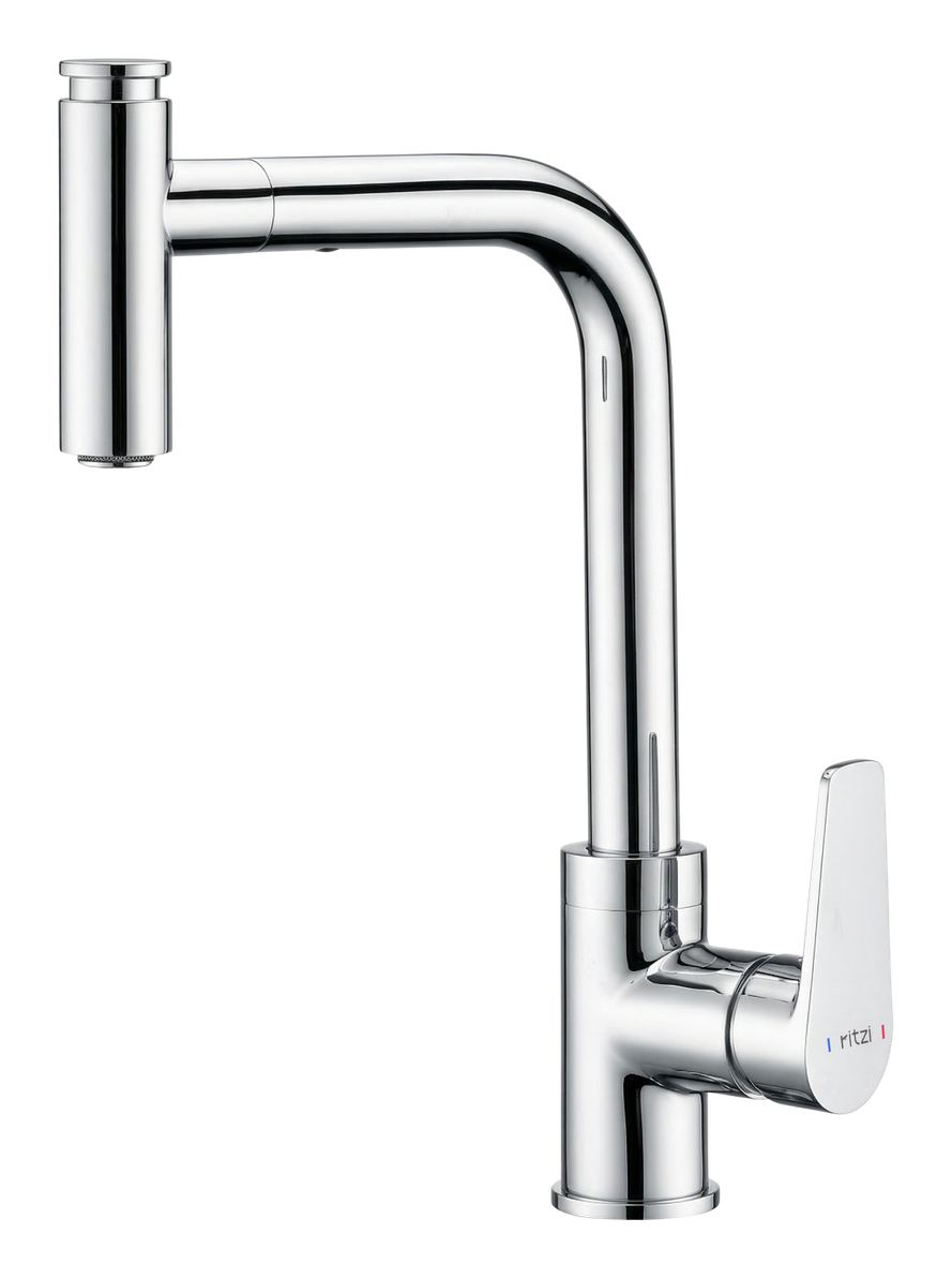 Kitchen Single lever — pull out — kitchen mixer with square spout — Cylinder outlet — mirror chrome